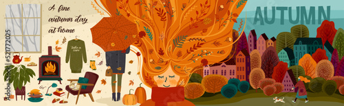 Autumn banner with peopel and nature. Hand drawn graphic arts and textures. Vector design