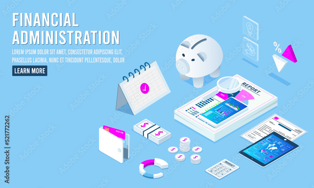 3d isometric of financial Administration with diagrams, graphs, financial analytic and Business Infographic elements. Vector illustration eps10