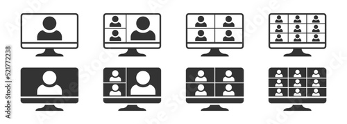 Video conference icons set. Online work icon. People on computer screen. Vector illustration.