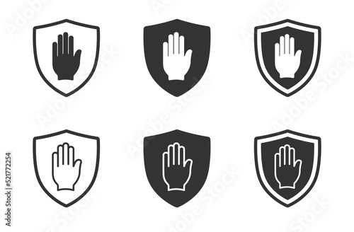 Security shield icon. Stop icon. Hand block symbol. Vector illustration.