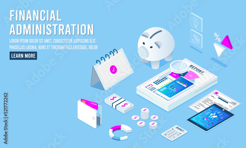 3d isometric of financial Administration with diagrams, graphs, financial analytic and Business Infographic elements. Vector illustration eps10