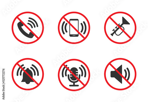 Sound forbidden icons set. Silent mode icons. Prohibition sign collection. No sound symbols. Vector illustration.