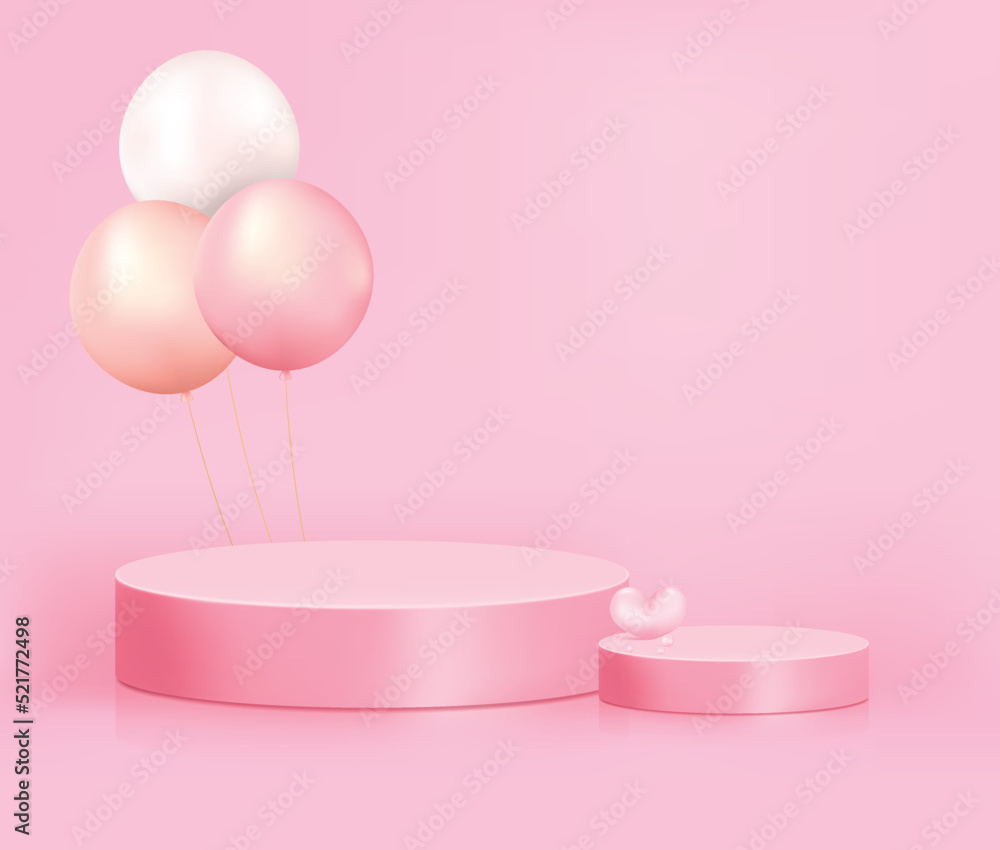 Product display podium with pearls balloon on pink background, 3D rendering podium. Vector Pink pastel podium minimal style. Product display podium with pearls balloon on pink background, 3D rendering podium. Vector Pink pastel podium minimal style.