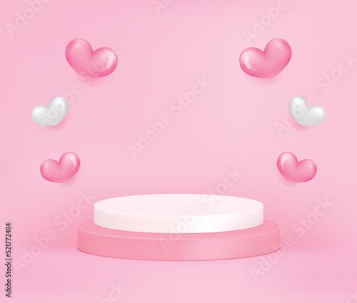 Product display podium with glossy heart on pink background, 3D rendering podium. Vector Pink pastel podium minimal style.