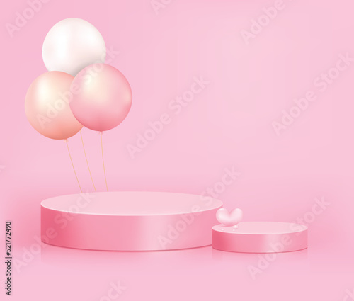 Product display podium with pearls balloon on pink background, 3D rendering podium. Vector Pink pastel podium minimal style.