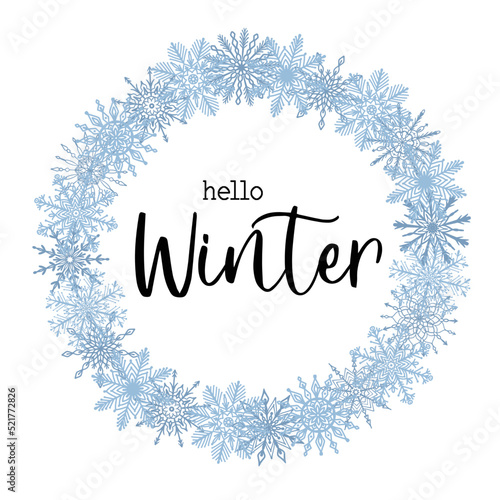 Beautiful winter season greeting card with text Hello Winter. Winter festive design template. Vector square poster.