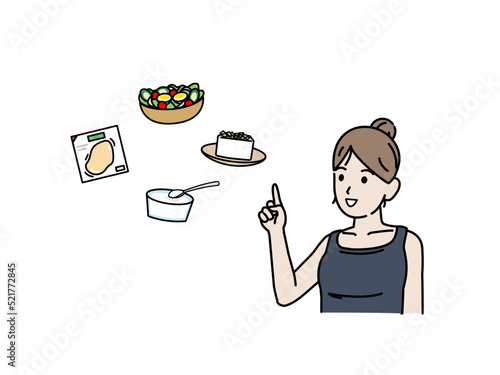 糖質制限ダイエット　低炭水化物ダイエット　健康的な食事を考える　若い女性　イラスト