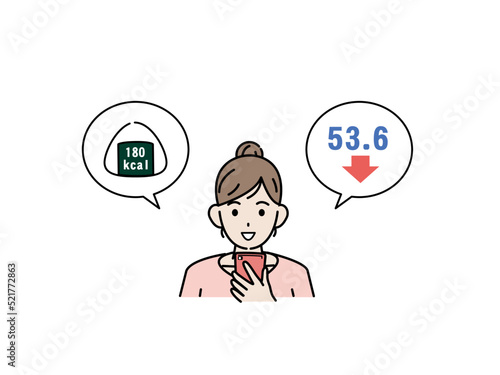 スマホでカロリー計算をする若い女性　体重管理　カロリーを調べる　ダイエット　イラスト