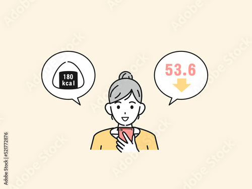 スマホでカロリー計算をする若い女性　体重管理　カロリーを調べる　ダイエット　イラスト
