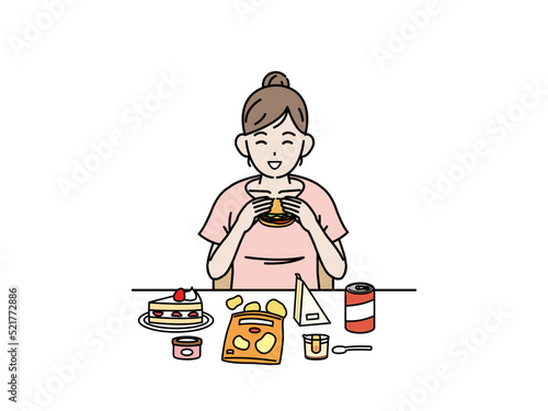 不健康な食事をとる　若い女性　暴飲暴食　過食症　高カロリー　イラスト