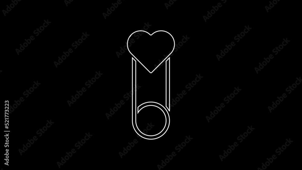 White line Baby clothes pin icon isolated on black background. Classic closed steel safety pin. 4K Video motion graphic animation White line Baby clothes pin icon isolated on black background. Classic closed steel safety pin. 4K Video motion graphic animation