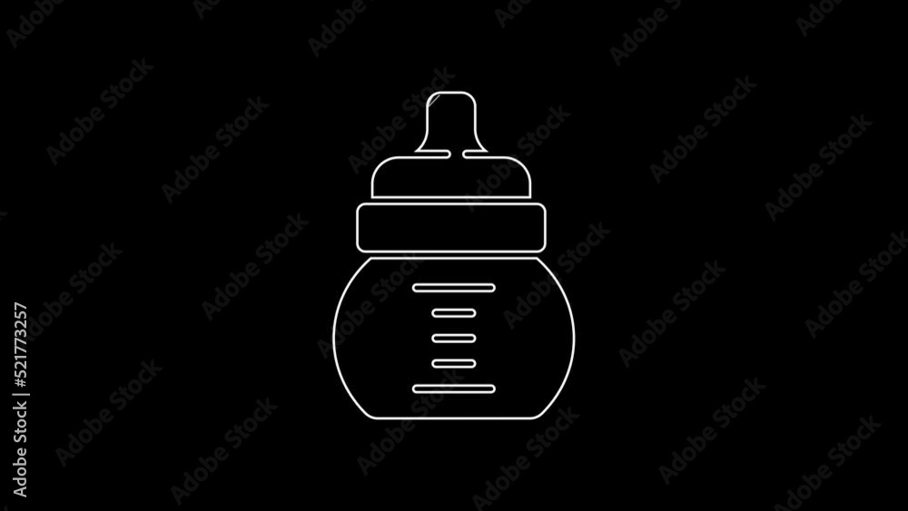 White line Baby bottle icon isolated on black background. Feeding bottle icon. Milk bottle sign. 4K Video motion graphic animation White line Baby bottle icon isolated on black background. Feeding bottle icon. Milk bottle sign. 4K Video motion graphic animation