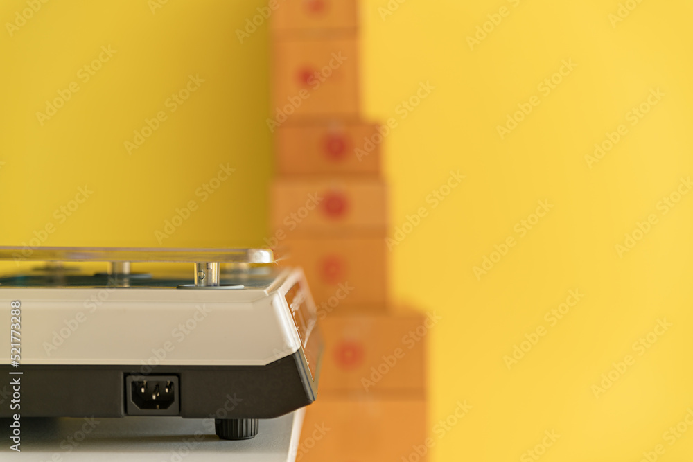 Equipment of the shop for receiving and delivering parcels. box delivery concept. Packaging boxes for express delivery. happy man with pick up and delivery with fast delivery service. transportation Equipment of the shop for receiving and delivering parcels. box delivery concept. Packaging boxes for express delivery. happy man with pick up and delivery with fast delivery service. transportation