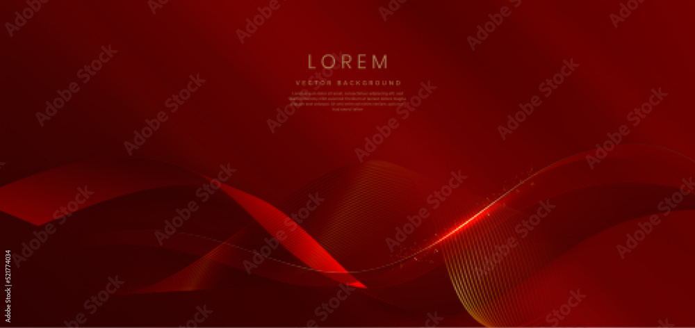 Abstract 3d gold curved red ribbon on red background with lighting effect and sparkle with copy space for text. Luxury design style. Abstract 3d gold curved red ribbon on red background with lighting effect and sparkle with copy space for text. Luxury design style.
