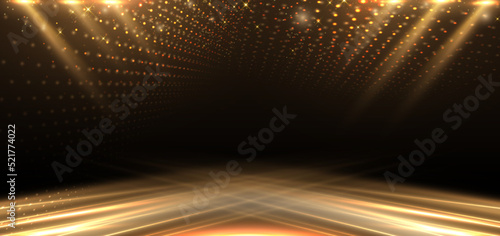 Elegant golden stage diagonal glowing with lighting effect sparkle on black background. Template premium award design.