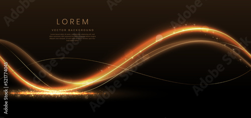 Abstract elegant gold glowing wave line with lighting effect sparkle on black background. Template premium award design.