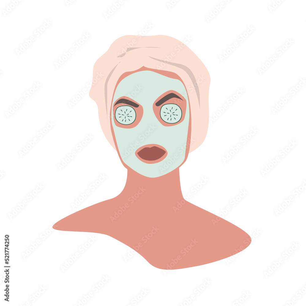 Female face and beauty cosmetic mask with cucumbers on eyes. Beautiful young woman applying cosmetic product. Skin care banner. Face mask, skincare, treatment, relaxation. Flat vector illustration