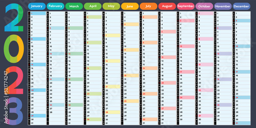 Calendar for 2023, daily event planner with bright multicolored design, vector color illustration