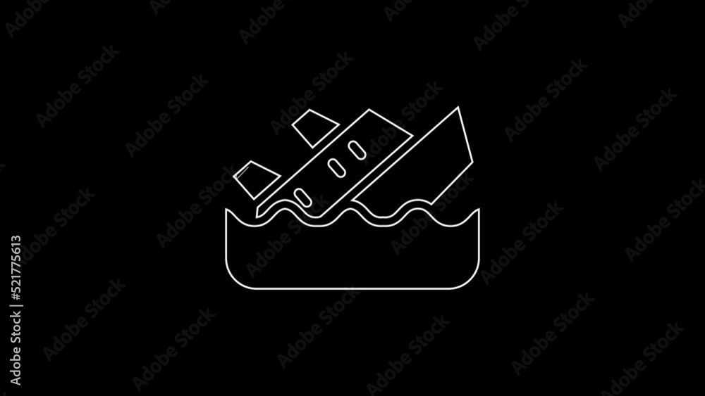 White line Sinking cruise ship icon isolated on black background. Travel tourism nautical transport. Voyage passenger ship, cruise liner. 4K Video motion graphic animation White line Sinking cruise ship icon isolated on black background. Travel tourism nautical transport. Voyage passenger ship, cruise liner. 4K Video motion graphic animation