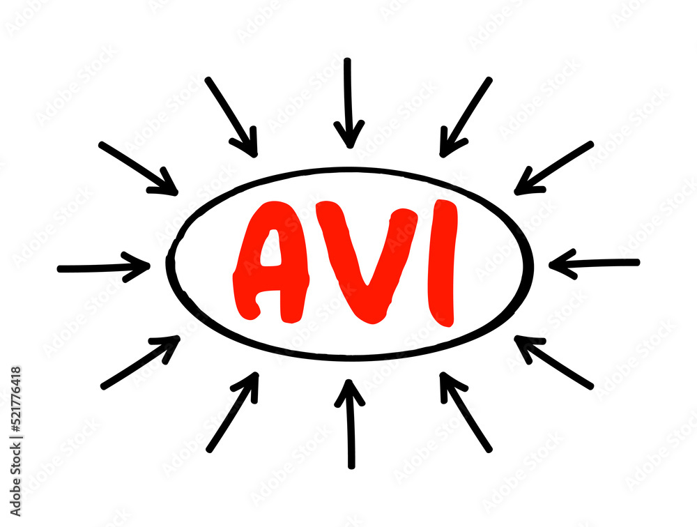AVI - Audio Video Interleaved acronym text with arrows, technology concept background AVI - Audio Video Interleaved acronym text with arrows, technology concept background
