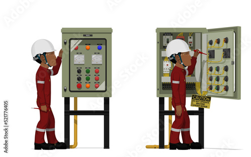 Industrial workers use screwdriver tester to measuring electric current in the electrical control cabinet