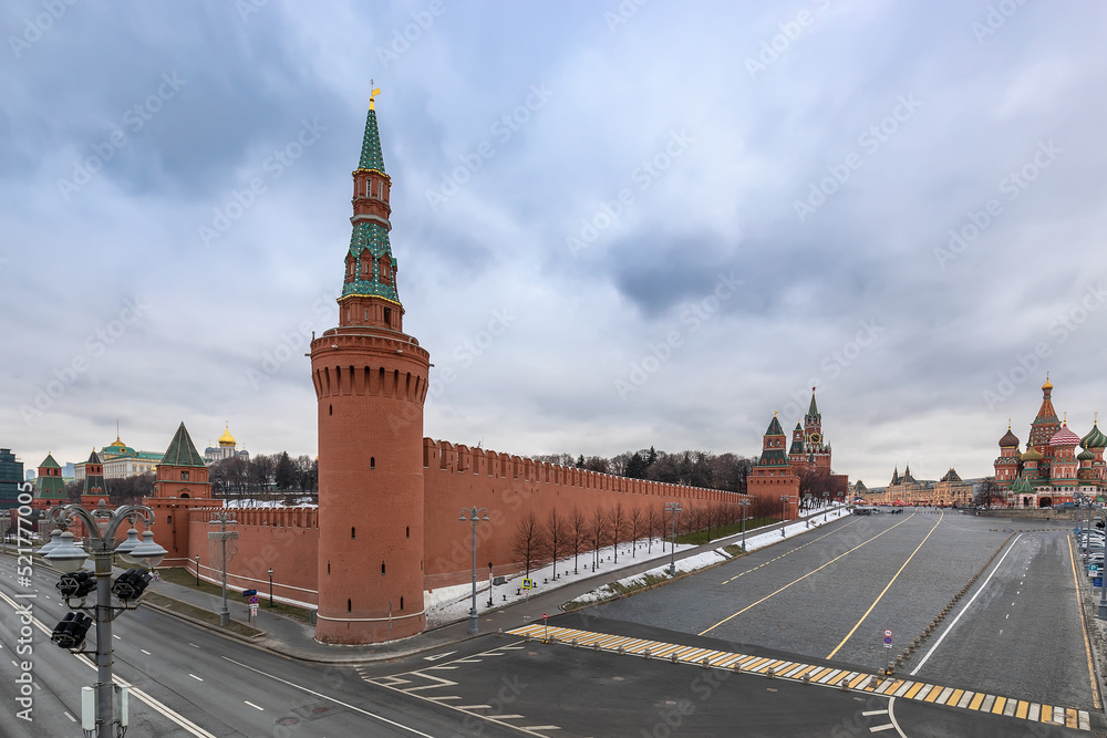 the walls and tower of the Moscow Kremlin in Moscow on Red Square in winter