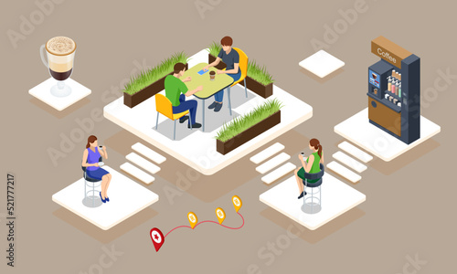 Isometric coffee time concept. Self-service coffee machines offer consistent quality coffee. Vending machine with coffee in the supermarket.