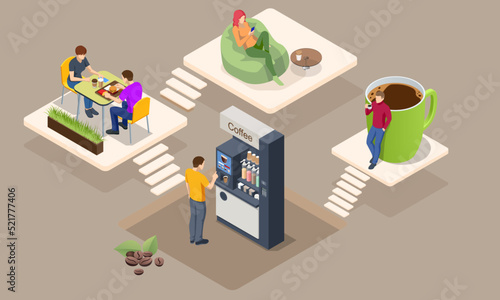 Isometric coffee time concept. Self-service coffee machines offer consistent quality coffee. Vending machine with coffee in the supermarket.