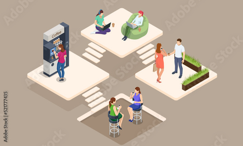 Isometric coffee time concept. Self-service coffee machines offer consistent quality coffee. Vending machine with coffee in the supermarket.