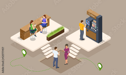 Isometric coffee time concept. Self-service coffee machines offer consistent quality coffee. Vending machine with coffee in the supermarket.