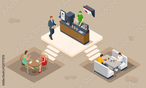 Isometric coffee time concept. Self-service coffee machines offer consistent quality coffee. Vending machine with coffee in the supermarket.
