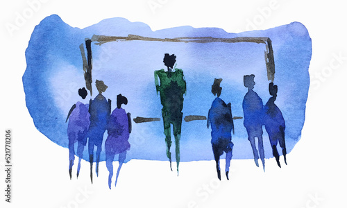 Students, students, schoolchildren listening to the teacher, teacher at the blackboard, lecture, class, school, university, watercolor