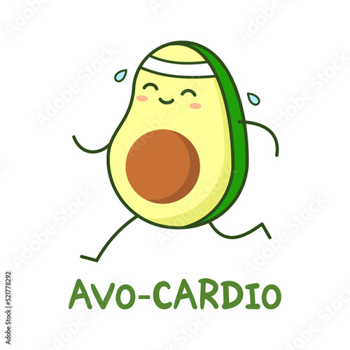 Cute avocado running. Avo-Cardio pun. Cute avocado cartoon character works out. Healthy lifestyle concept. Avocardio joke. Kawaii fruit exercise. Fruit nutrition. Vector illustration, flat, clip art. 