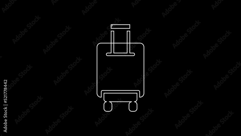 White line Suitcase for travel icon isolated on black background. Traveling baggage sign. Travel luggage icon. 4K Video motion graphic animation White line Suitcase for travel icon isolated on black background. Traveling baggage sign. Travel luggage icon. 4K Video motion graphic animation