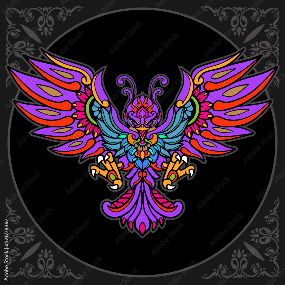 Fototapeta premium Colorful Phoenix bird zentangle arts isolated on black background