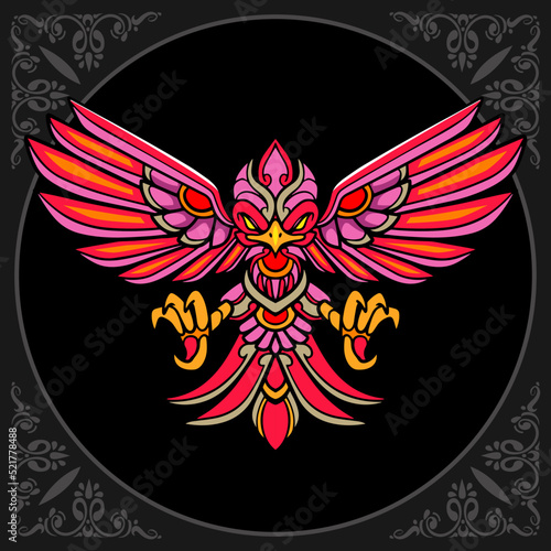 Colorful Phoenix bird zentangle arts isolated on black background