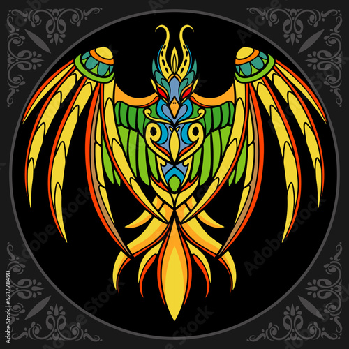 Colorful Phoenix bird zentangle arts isolated on black background
