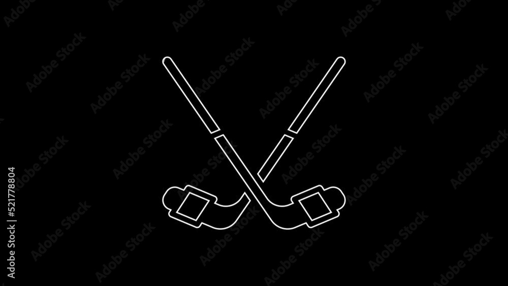 White line Ice hockey sticks icon isolated on black background. 4K Video motion graphic animation White line Ice hockey sticks icon isolated on black background. 4K Video motion graphic animation
