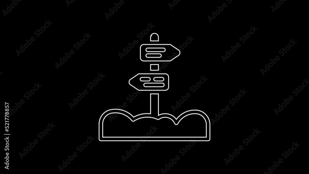 White line Road traffic sign. Signpost icon isolated on black background. Pointer symbol. Street information sign. Direction sign. 4K Video motion graphic animation White line Road traffic sign. Signpost icon isolated on black background. Pointer symbol. Street information sign. Direction sign. 4K Video motion graphic animation