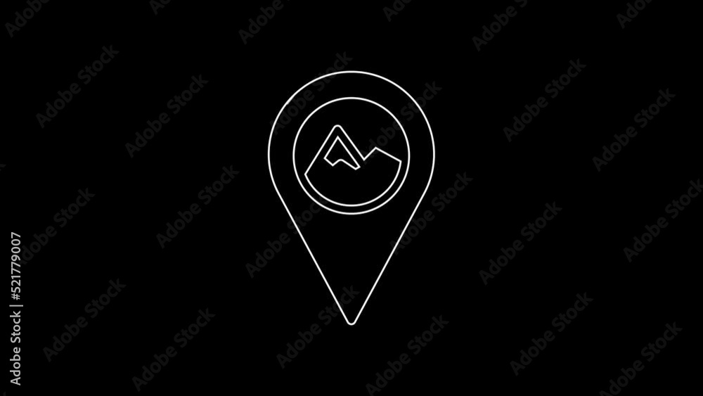 White line Map pointer with mountain icon isolated on black background. Mountains travel icon. 4K Video motion graphic animation White line Map pointer with mountain icon isolated on black background. Mountains travel icon. 4K Video motion graphic animation