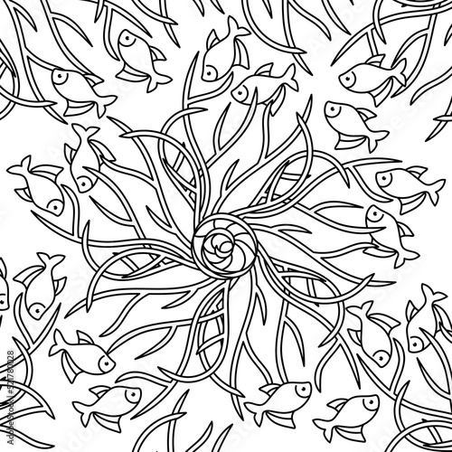 Coloring book for adult. Underwater sea world. Stylized algae and fish. Hand-drawn Vector Illustration