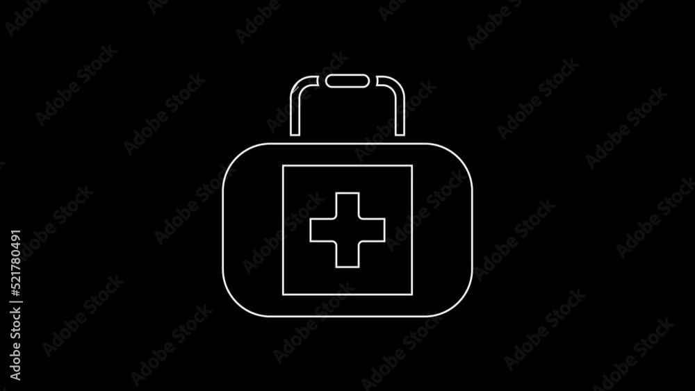 White line First aid kit icon isolated on black background. Medical box with cross. Medical equipment for emergency. Healthcare concept. 4K Video motion graphic animation White line First aid kit icon isolated on black background. Medical box with cross. Medical equipment for emergency. Healthcare concept. 4K Video motion graphic animation