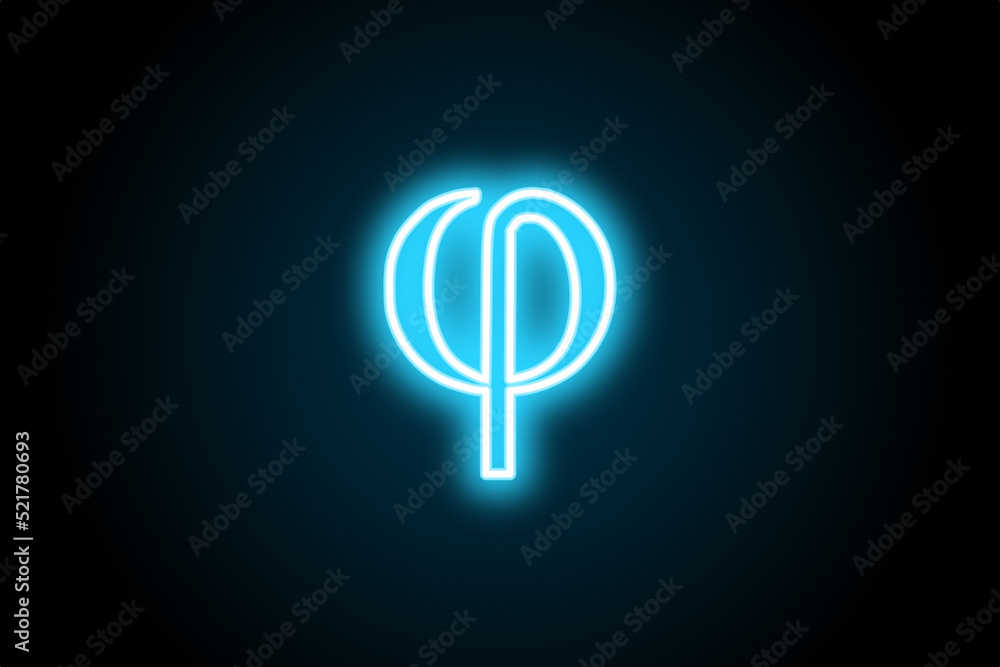 Greek alphabet phi glowing neon symbol sign on black background  - obrazy, fototapety, plakaty 