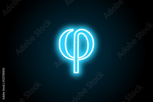 Greek alphabet phi glowing neon symbol sign on black background 