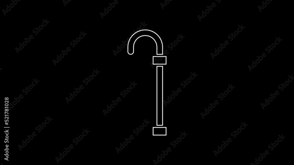 White line Walking stick cane icon isolated on black background. 4K Video motion graphic animation White line Walking stick cane icon isolated on black background. 4K Video motion graphic animation