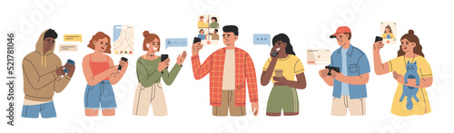Young peoples with smartphones. Using gps, making selfie, talking on video call, chatting, looking video. Hand drawn vector illustration isolated on white background. Modern flat cartoon style