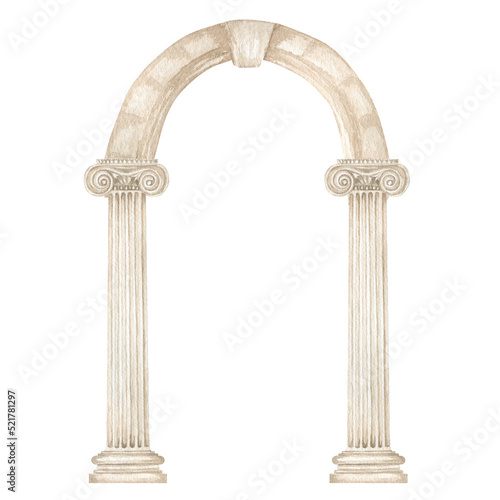 Fotografi Watercolor antique arch with column ionic order, Ancient Classic Greek pillar, R