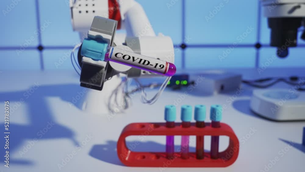 Covid-19 Robot and a test tube with a blood sample for microbiological analysis in the robot's hand. Futurological concept of medicine of the future