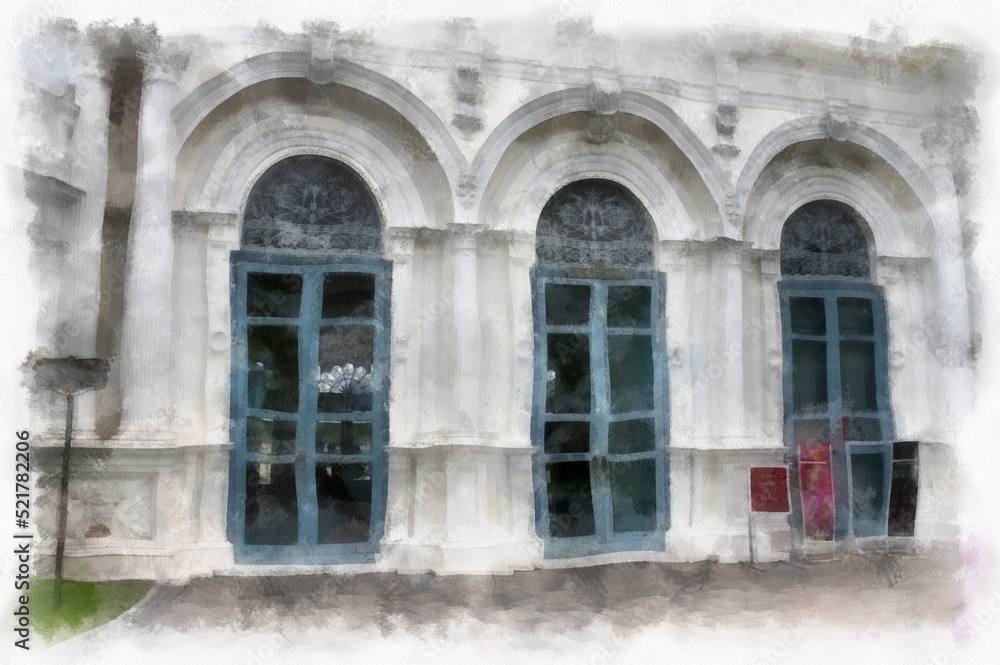 landscape of ancient european architecture in the park watercolor style illustration impressionist painting. landscape of ancient european architecture in the park watercolor style illustration impressionist painting.