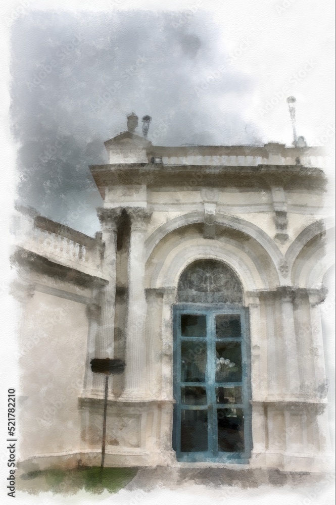 Obraz premium landscape of ancient european architecture in the park watercolor style illustration impressionist painting.